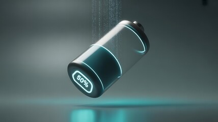 Futuristic transparent battery with glowing full charge indicator submerged in water