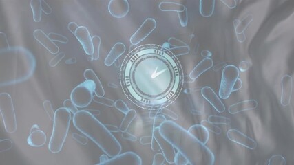 Animation of bacteria cells and clock moving over liquid background - Powered by Adobe
