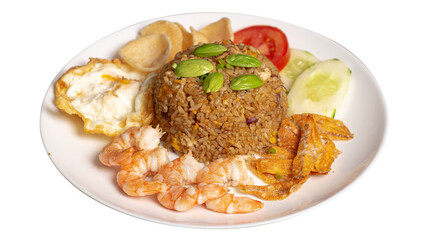 Special fried noodle with stinky beans. Served on white plate with sunny side up, shrimp and popcorn chicken. Perfect for recipe, catalogue, promotion, or any cooking contents. Transparant photo