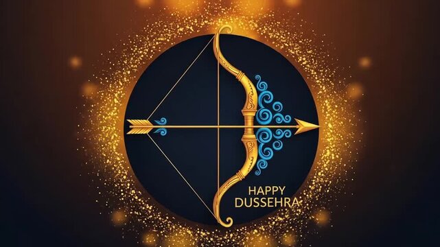 Ornate blue and gold bow with an arrow on a circular emblem against a sparkling golden glitter background, a festive illustration celebrating the Hindu festival of Dussehra