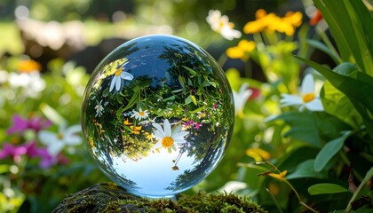 Captivating View of a Crystal Sphere Reflecting a Lush Garden Environment