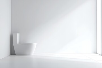 Minimalist white bathroom with toilet, sunlight, and empty wall space. Modern design and clean aesthetic