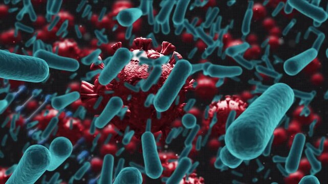 Dna structure spinning over blood vessels and covid-19 cells floating against black background