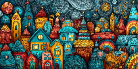 Fototapeta premium A vibrant, whimsical cityscape with detailed, ornate buildings in a riot of colours, against a backdrop of intricate patterns and shapes.