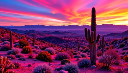 Surreal Desert Landscape with Cacti and Colorful Sky