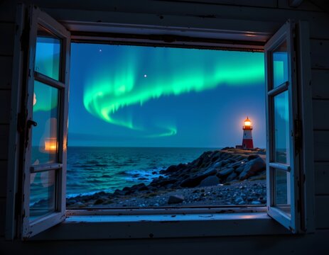 Cozy Coastal Cabin with Lighthouse and Aurora Sky