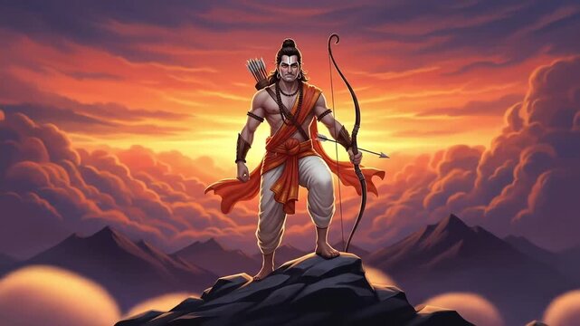 Lord Rama's Majestic Presence A Divine Warrior Standing Firm Against the Backdrop of a Fiery Sunset Sky, Embracing Righteousness and the Essence of Divinity