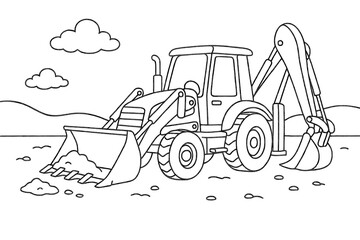 Naklejka premium Backhoe loader moving soil at construction site line art illustration. Fun coloring page