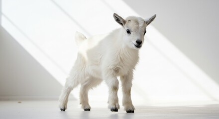 白く輝く子ヤギ 柔らかな光浴びて歩く. AI Generated