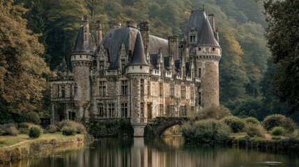 Obraz premium Stone castle by waterway in forest