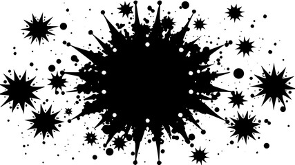 Black ink splatter explosion with starbursts and dots