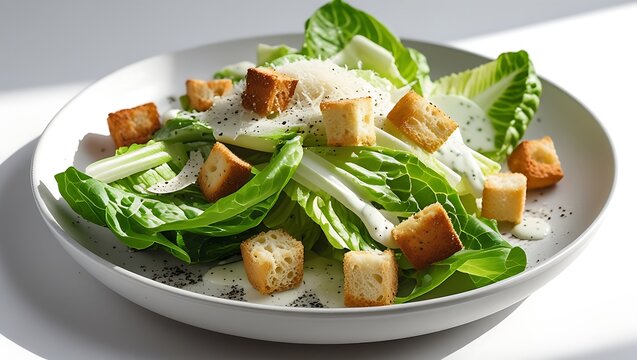 Freshly prepared caesar salad with croutons parmesan cheese and creamy dressing - Powered by Adobe