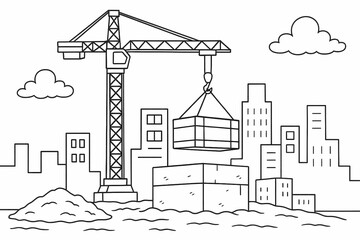 Tower crane lifting materials at city construction site line art illustration. Fun coloring page