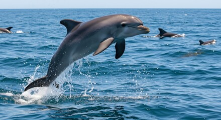 Fototapeta premium 輝く水面を軽やかに跳躍するイルカ群 陽光きらめく海. AI Generated