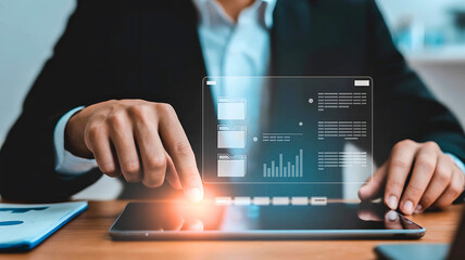 Businessman interacting with a futuristic holographic interface for advanced data analysis and business intelligence