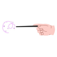 Hand holding magic wand. Witchcraft with sparkling, glowing spell. Illusionist tool, mystical symbol, magic attribute of a wizard