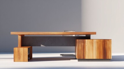 Modern wooden executive desk against a light gray wall