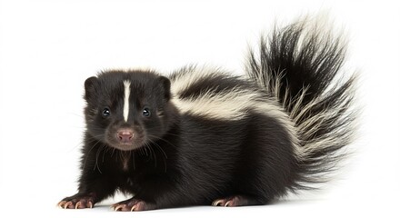 Obraz premium 白い背景 鮮やか黒白縞模様 愛らしいスカンク 正面ショット. AI Generated