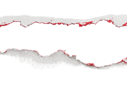 Ripped paper with crimson edges.  A horizontal tear in white paper, showing the ragged edges stained with crimson
