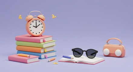 A cute 3D rendered scene of study essentials featuring a stack of colorful books, an alarm clock, notebook, and sunglasses for a productive student lifestyle