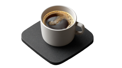 A white coffee cup filled with dark coffee sits atop a dark gray coaster