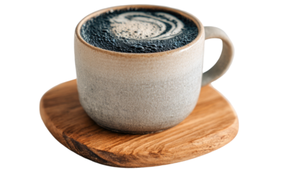 Creamy dark coffee in a light gray mug, resting on a wooden coaster