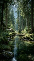 Serene Forest Stream: Sunlight Filtering Through Towering Trees and Mossy Rocks