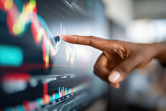 A businesswoman pointing at a virtual financial chart