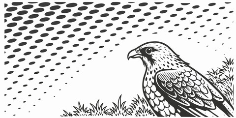 Fototapeta premium Stylized hawk in grass with halftone pattern background
