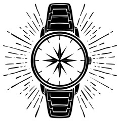 Stylish wristwatch with compass symbol and sunburst, vintage hand drawn style