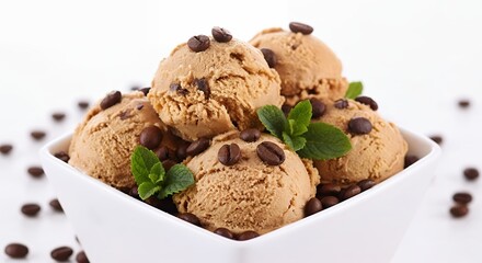 Fototapeta premium Creamy coffee ice cream scoops in white bowl garnished with coffee beans and fresh mint leaves, refreshing frozen dessert on white background 
