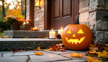 Obraz premium A carved Halloween jack-o'-lantern with a scary face, sitting in a garden, glowing orange on a spooky autumn night