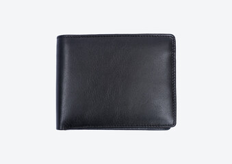 Genuine leather fashionable black wallet for men's isolated on a white background. A professional and stylish look. top view of black leather wallet. banknotes and put card inside the wallet	