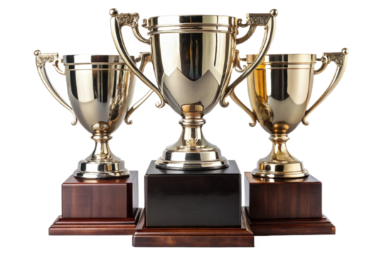 Golden championship trophies three tier award for victory and achievement isolated for design transparent background
