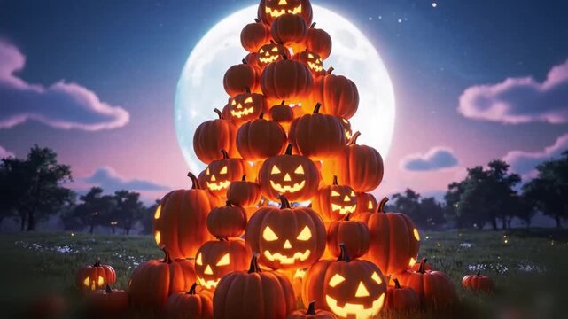 A spiraling pumpkin tower stands at meadow center, each carved lantern stacked into a luminous spiral under a huge pastel moon