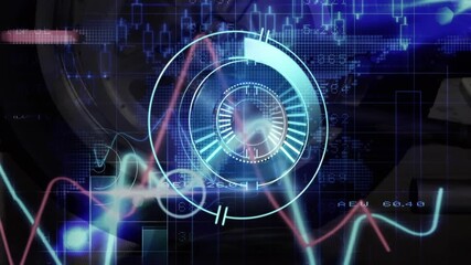 Countdown over neon round scanner and statistical data processing against motorcycle wheel - Powered by Adobe