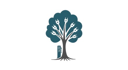 Obraz premium Tree with electric plugs and charging station, vector on white background