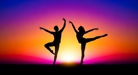 Naklejka premium Two silhouetted dancers gracefully performing ballet poses against a vibrant sunset sky with warm orange, pink, and purple hues.