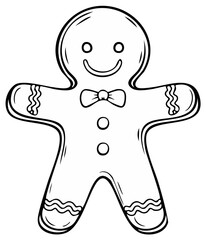 Obraz premium Simple black and white outline illustration of a happy gingerbread man with a bow tie