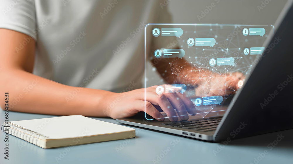 Wall mural professional programmer coding on a laptop, interacting with a futuristic digital interface showing 