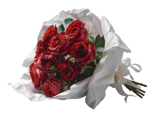 Front View of Elegant Red Roses Bouquet Wrapped in White Paper, Isolated on Transparent Background 
