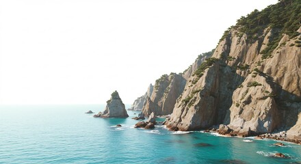 Obraz premium Dramatic coastal cliffs dramatically rise from turquoise sea under bright sunlight. AI Generated