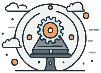 Illustration of technology platform with gear and cloud accents for innovation