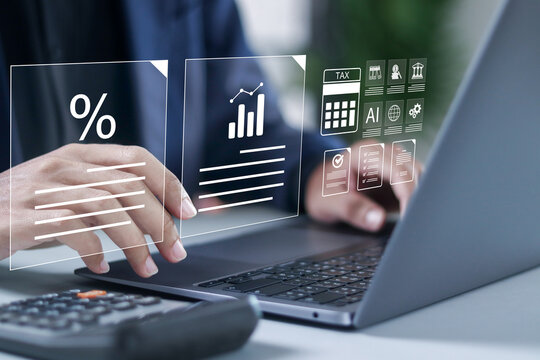 AI technology in finance and accounting. preparing tax return, with artificial intelligence tools. Businessman use laptop to accounting paycheck documentation and financial fee incentive. - Powered by Adobe