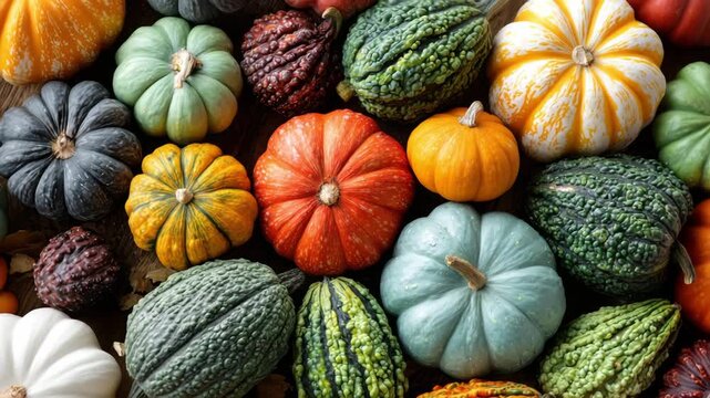 This vibrant collection of pumpkins features various shapes and colors, highlighting the beauty of the autumn harvest. Each pumpkin showcases unique textures and patterns.