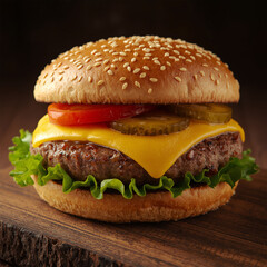 Fresh Tasty Cheeseburger with Vegetables and Melted Cheese