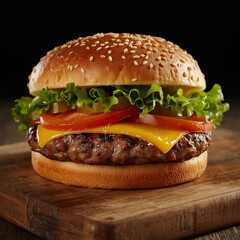 Close-Up of Delicious Hamburger with Cheese and Pickles