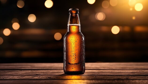 Craft beer bottle mockup with condensation on rustic. Two artisanal ale container presentation having moisture on weathered surface brewery beverage blank template cool refreshment. - Powered by Adobe