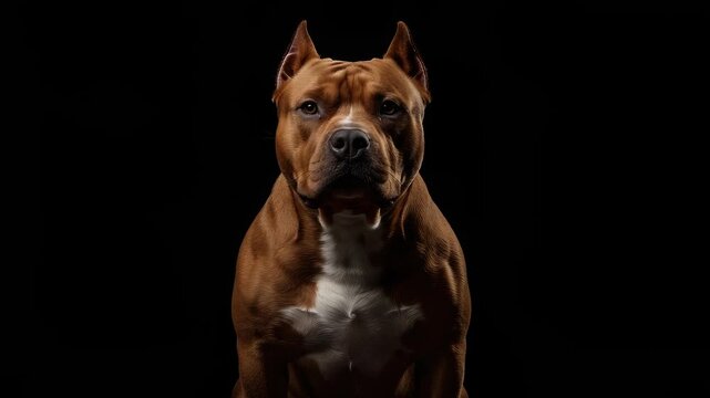 Studio Portrait of a Beautiful Brown Pitbull Dog on Dark Background - Dog Breed
