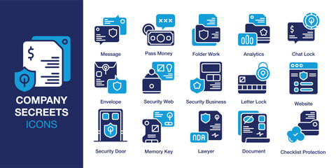 Company Screets icon set. Containing company, secret, business, office, confidential, and more. Solid vector icons collection. Vector illustration.